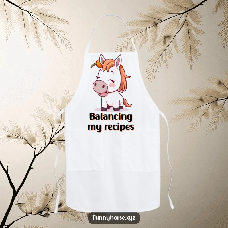 Funny giggling horse apron showing a horse attempting to balance a carrot on its head, adding humor to cooking.