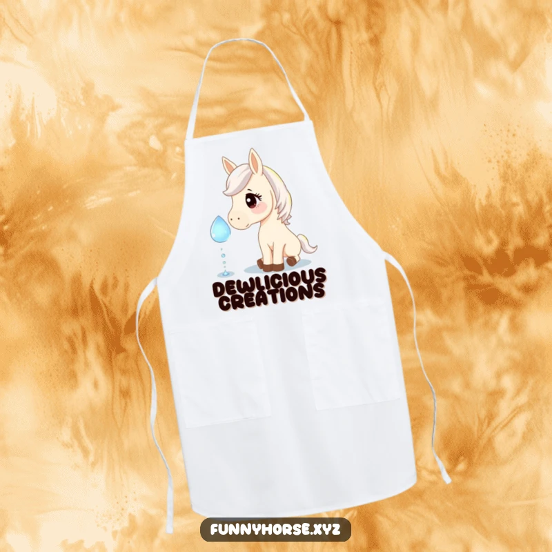 Funny apron showcasing a curious horse gently nudging a giant, sparkling dewdrop, perfect for kitchen fun and humorous cooking.