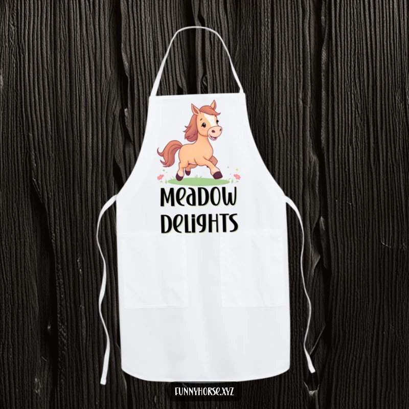 Funny apron showing a joyful horse with a bright smile, prancing in a meadow, perfect for happy cooking.