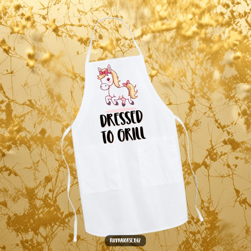 Funny whimsical horse apron with a horse wearing a tail bow, captured in a cheerful hop, ready for kitchen adventures.