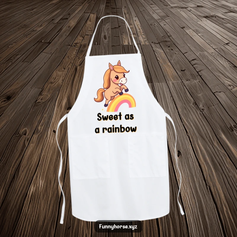 Funny apron: A happy horse joyfully leaps over a tiny rainbow, bringing magical flair to the kitchen.