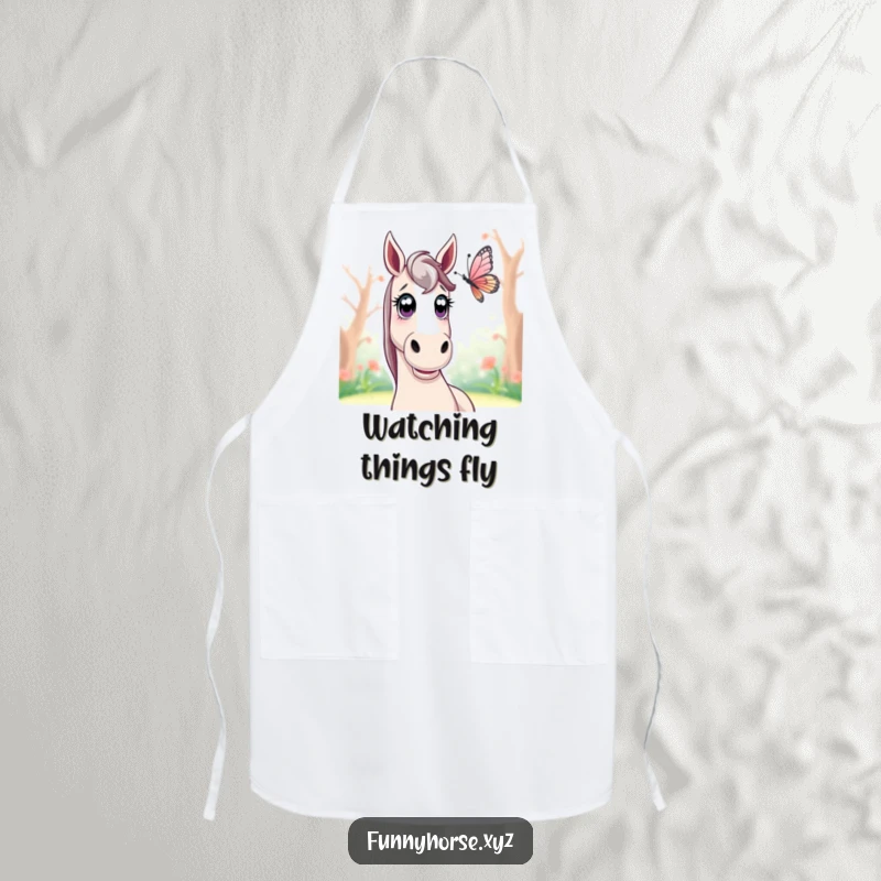 Funny surprised horse apron showing a horse with wide eyes watching a butterfly, perfect for adding nature humor to cooking.