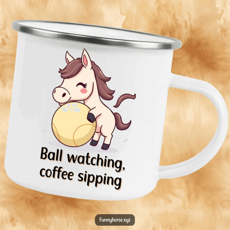Funny Horse Camping Mug featuring an energetic horse playfully nudging a bouncing ball, perfect for outdoor, humorous drinks.