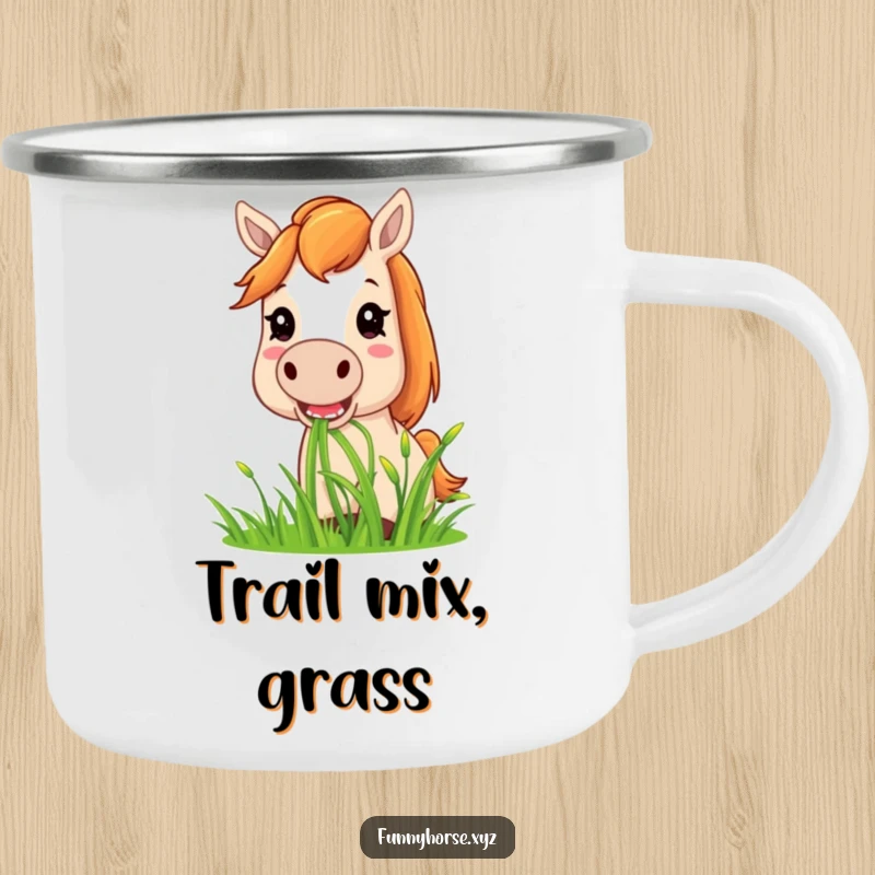 Funny horse camping mug: a content horse happily munching on sweet grass, perfect for enjoying drinks in the great outdoors.