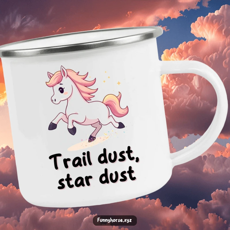 Funny camping mug showing an energetic horse kicking up shimmering stardust, perfect for enjoying outdoor adventures with cosmic humor.