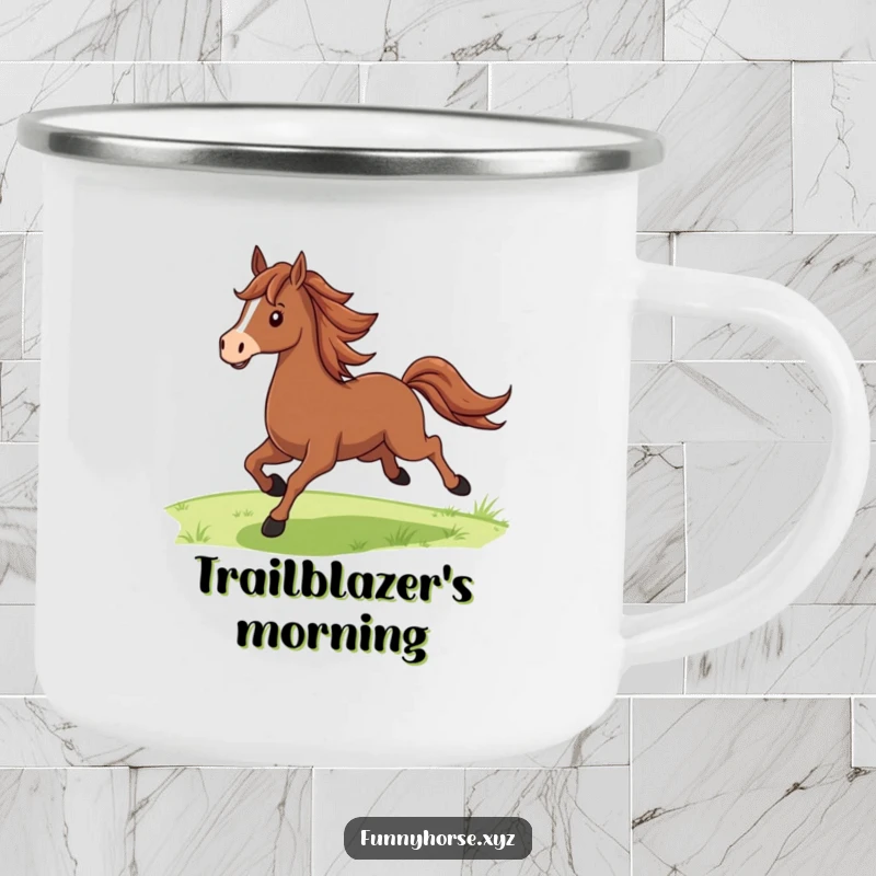 Funny proud brown horse with a flowing mane galloping joyfully across green fields, a humorous and durable camping mug.