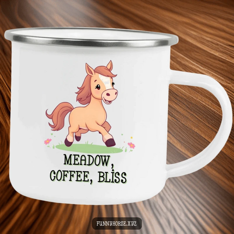 Funny camping mug featuring a joyful horse with a bright smile, prancing in a meadow, perfect for happy outdoor moments.