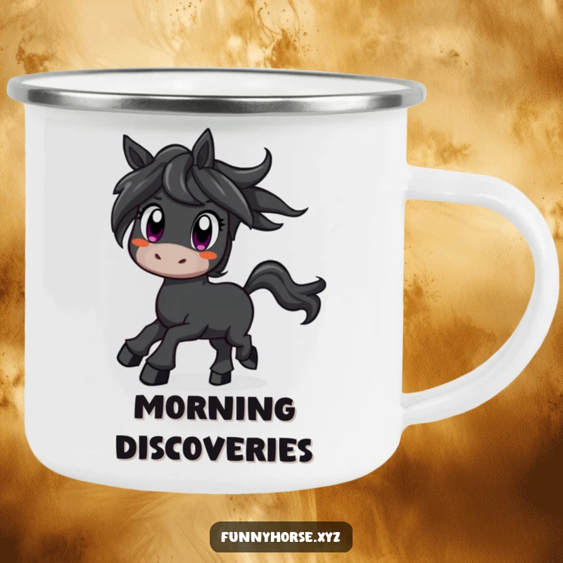 Funny curious black horse with wide eyes prancing with excitement, a humorous and durable camping mug.