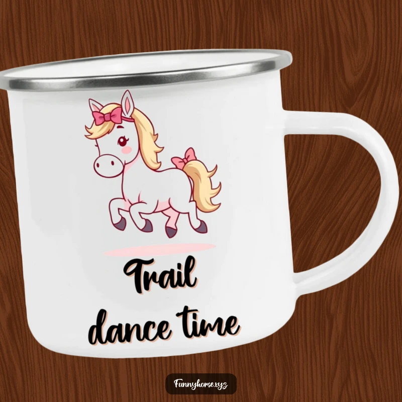 Funny whimsical horse camping mug with a horse and tail bow mid-hop, perfect for enjoying drinks on the go.