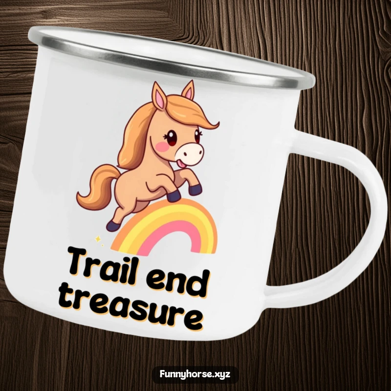 Funny camping mug: A happy horse joyfully leaps over a tiny rainbow, ready for outdoor adventures and magical sips.