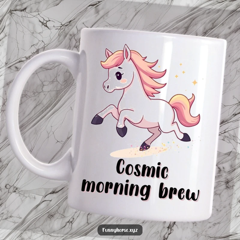 Funny mug featuring an energetic horse kicking up shimmering stardust, conveying speed, power, and cosmic fun.