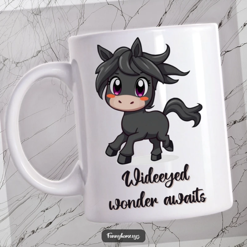 Funny curious black horse with wide eyes prancing with excitement, a humorous and expressive mug design for horse fans.