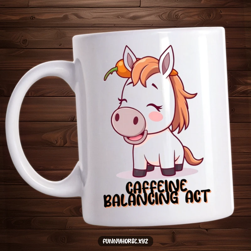 Funny giggling horse mug showing a happy horse attempting to balance a carrot on its head, looking amused and playful.