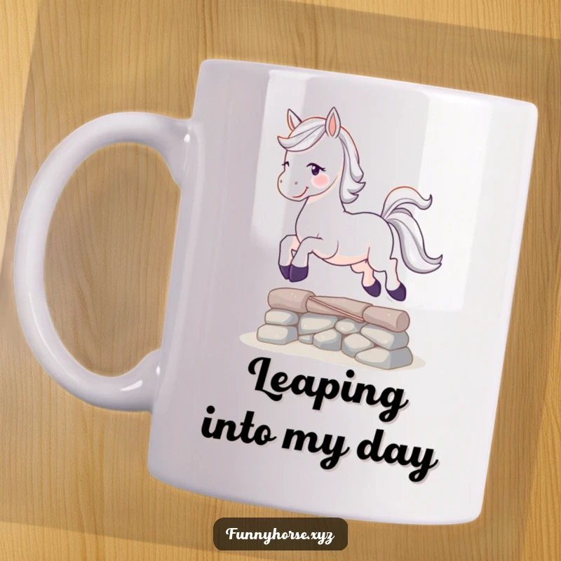 Funny playful white horse with a sparkling tail leaping over a small obstacle, a humorous and energetic mug design.