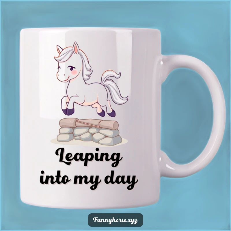 Funny Playful Horse Leaping Mug - Joyful Obstacle Jumper, Hilarious Gift!