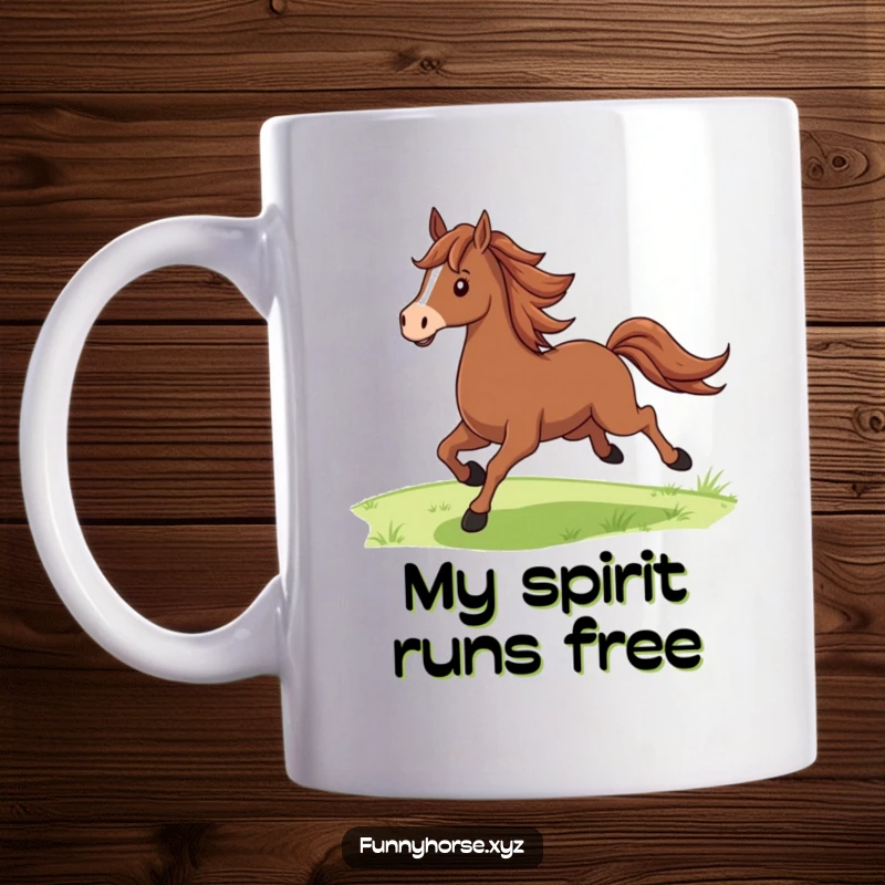 Funny proud brown horse with a flowing mane galloping joyfully across green fields, a majestic and humorous mug design.