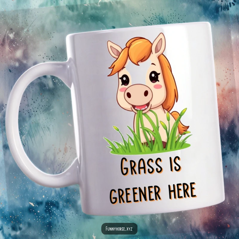 Funny horse mug featuring a content horse with a big smile, happily munching on a field of lush green grass, conveying pure joy.