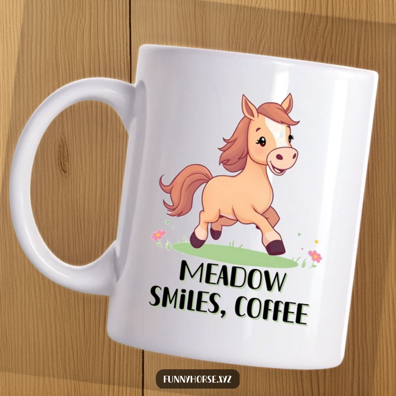 Funny mug featuring a joyful horse with a bright smile, prancing happily in a sunny meadow, radiating pure delight.