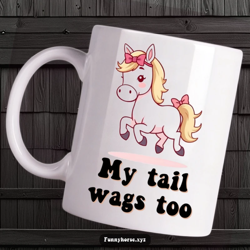 Funny whimsical horse mug showing a cute horse with a bow on its tail doing a small, joyful hop, full of charm.