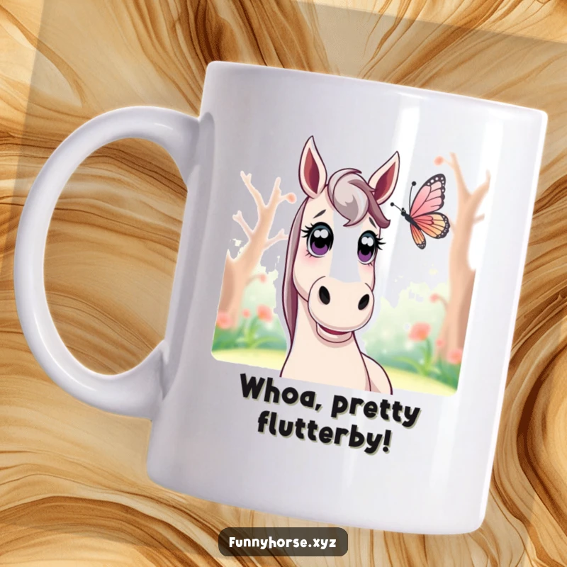 Funny surprised horse mug showing a horse with large, wide eyes looking intently at a fluttering butterfly, capturing a moment of awe.