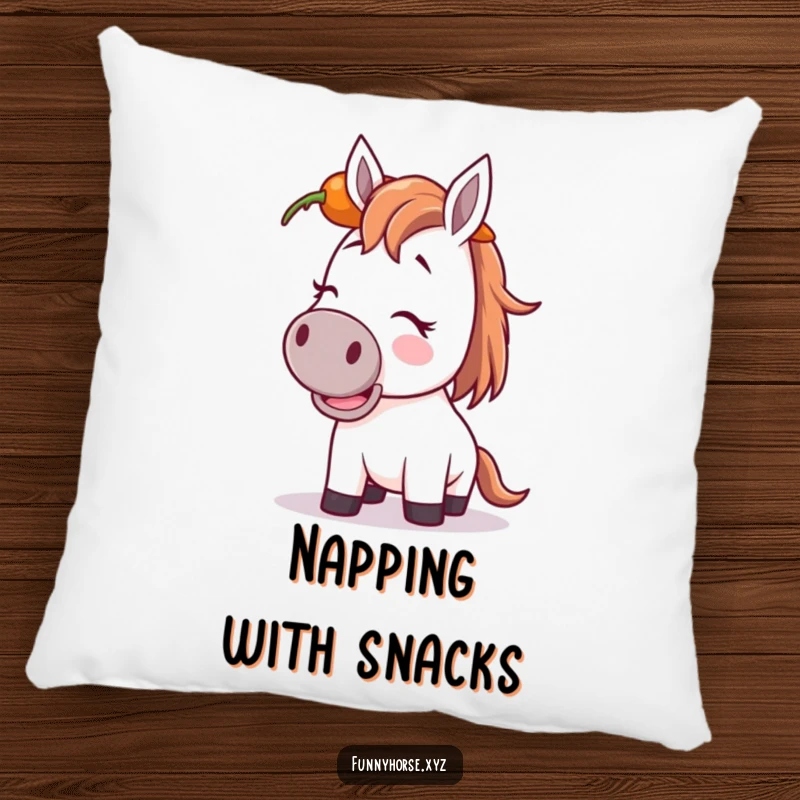 Funny giggling horse pillow depicting a horse trying to balance a carrot on its head, with eyes full of mirth.
