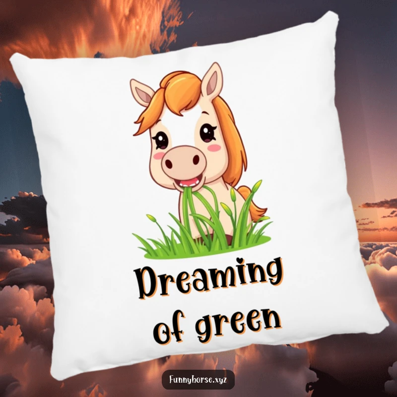 Funny horse pillow depicting a contented horse with its head down, joyfully munching on a large clump of sweet grass.