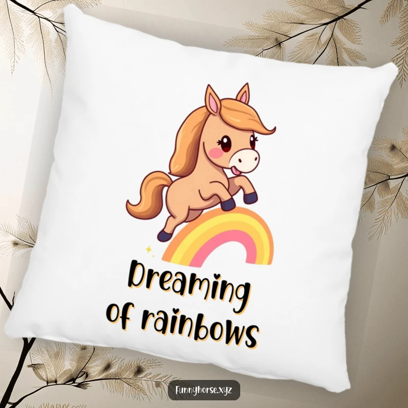 Funny pillow: A happy horse with a flowing mane leaps over a tiny rainbow, bringing soft, magical, and dreamy comfort.