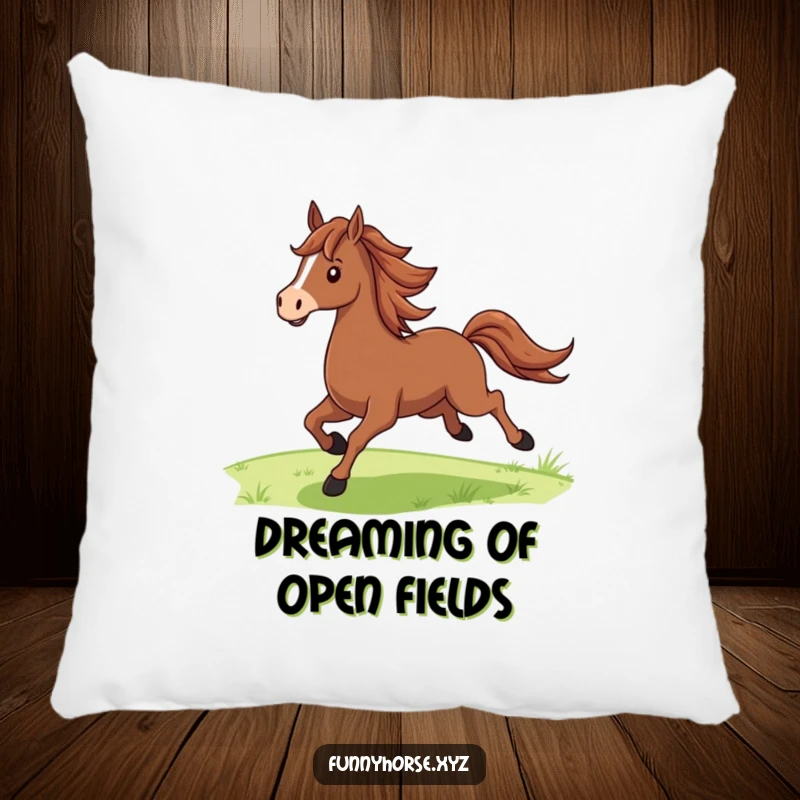 Funny proud brown horse with a flowing mane galloping joyfully across green fields, a soft and humorous decorative pillow.