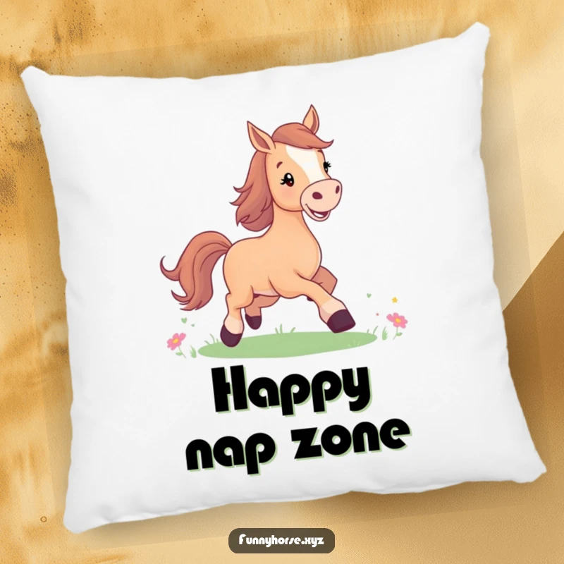 Funny pillow featuring a joyful horse with a bright smile, prancing in a sunny meadow, offering cheerful comfort.