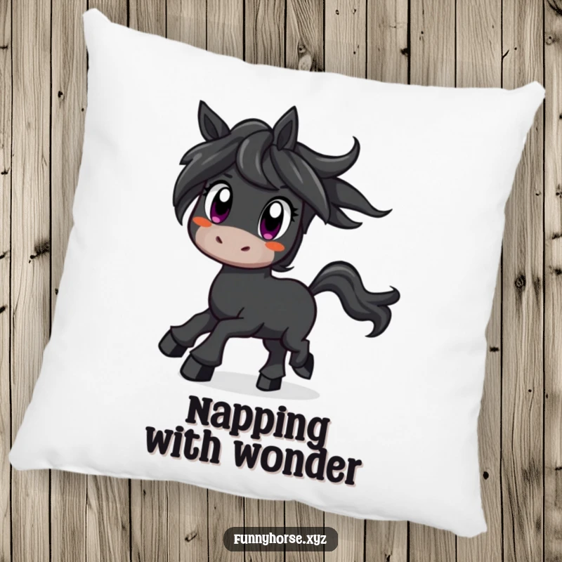 Funny curious black horse with wide eyes prancing with excitement, a soft and humorous decorative pillow.