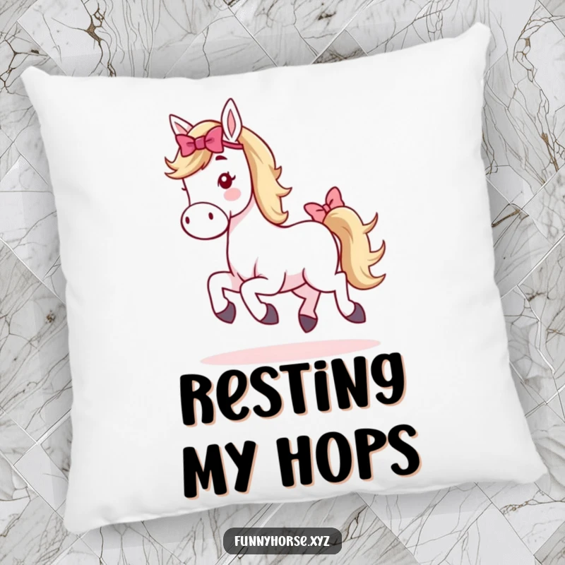 Funny whimsical horse pillow: a charming horse with a bow on its tail is shown doing a delightful little hop, bringing joy.