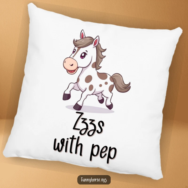 Funny happy spotted horse with a determined expression trots energetically, a soft and humorous decorative pillow.