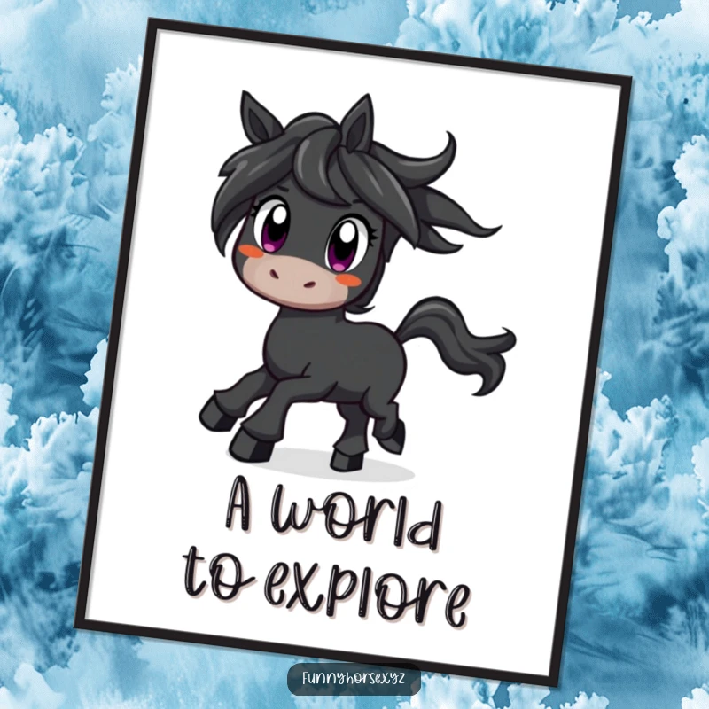 Funny curious black horse with wide eyes prancing with excitement, high-resolution digital art for humorous decor.