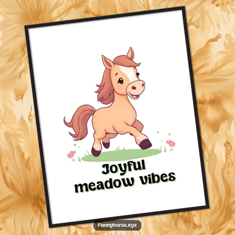 Funny digital art print of a joyful horse with a bright smile, prancing in a meadow, offering instant cheer and humor.