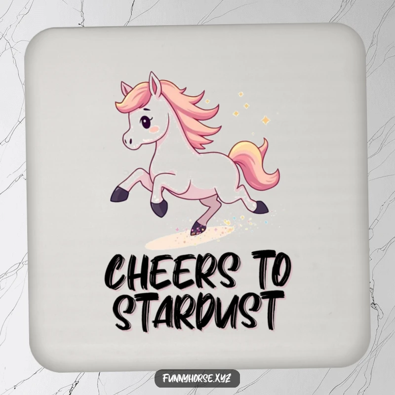 Funny drink coasters with an energetic horse kicking up shimmering stardust, adding humorous cosmic flair to tables.