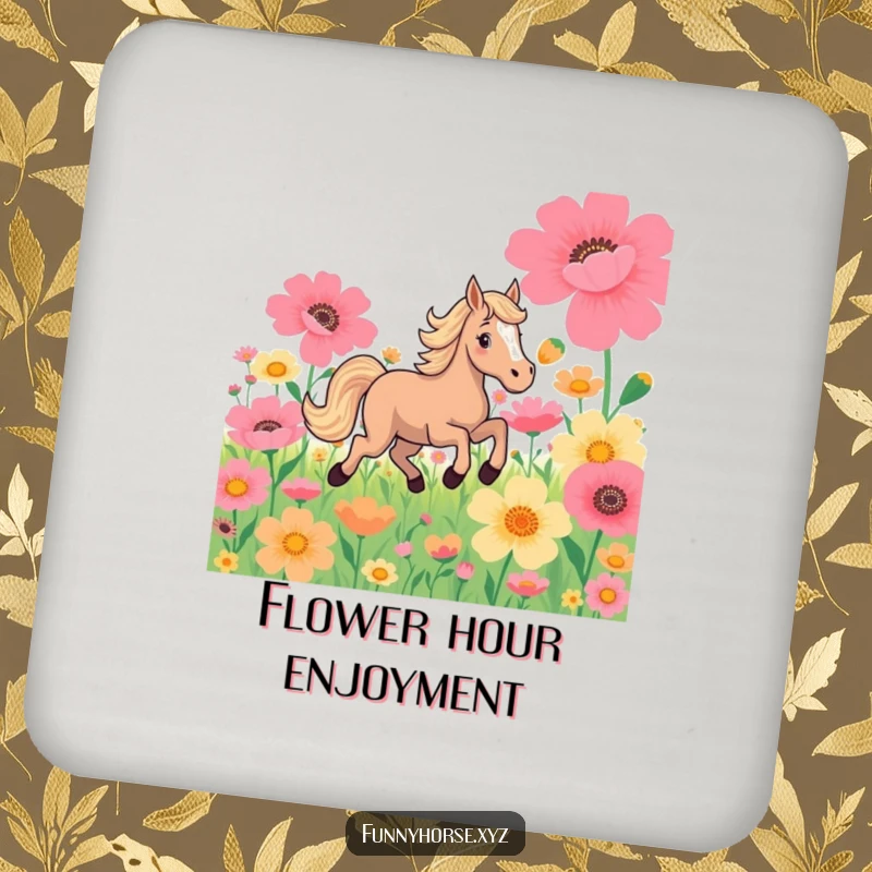 Funny drink coaster: A playful horse joyfully gallops through vibrant flowers, bringing equestrian charm to your table.