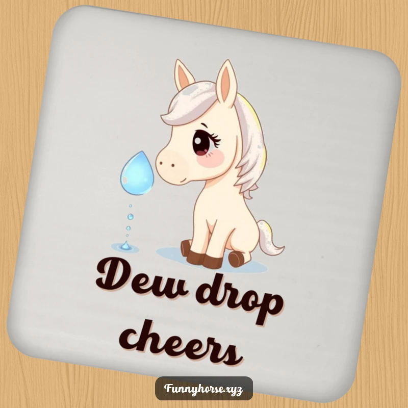 Funny drink coasters featuring a curious horse gently nudging a giant, sparkling dewdrop, adding humorous protection to surfaces.