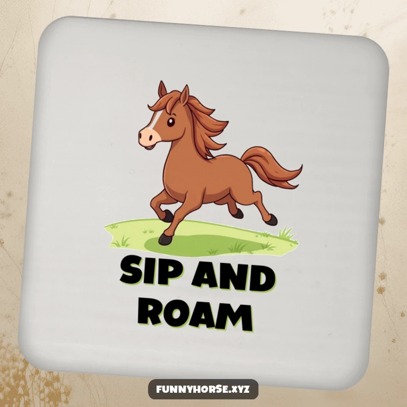 Funny proud brown horse with a flowing mane galloping joyfully across green fields, a set of humorous and protective coasters.