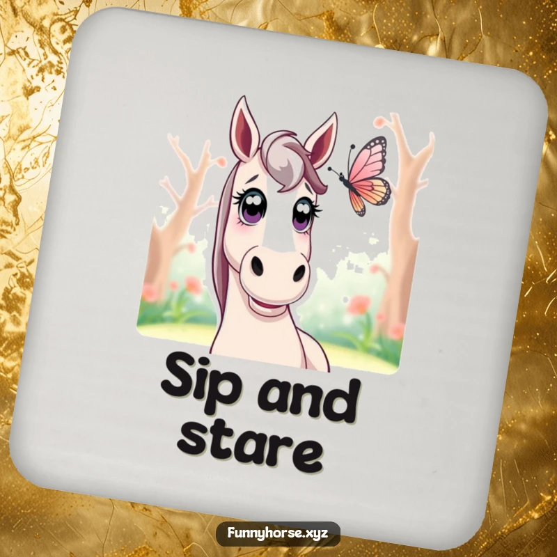 Funny surprised horse coaster showing a horse with wide eyes watching a fluttering butterfly, adding nature humor to drink service.