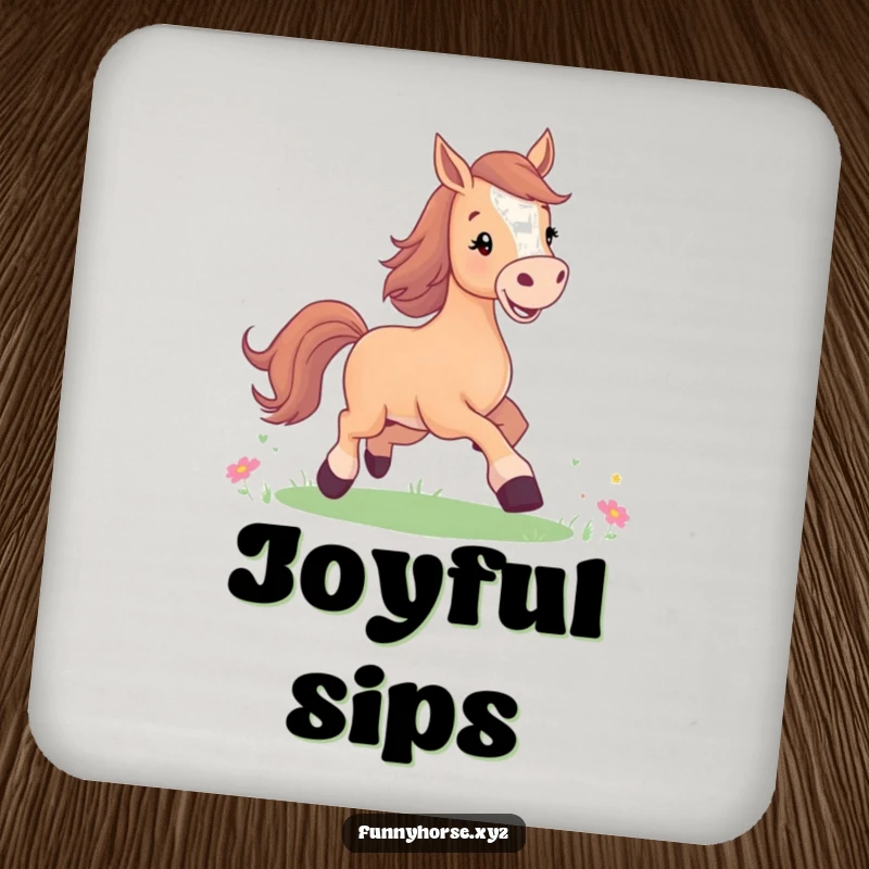 Funny drink coasters with a joyful horse prancing happily in a meadow, adding cheerful humor to tables.
