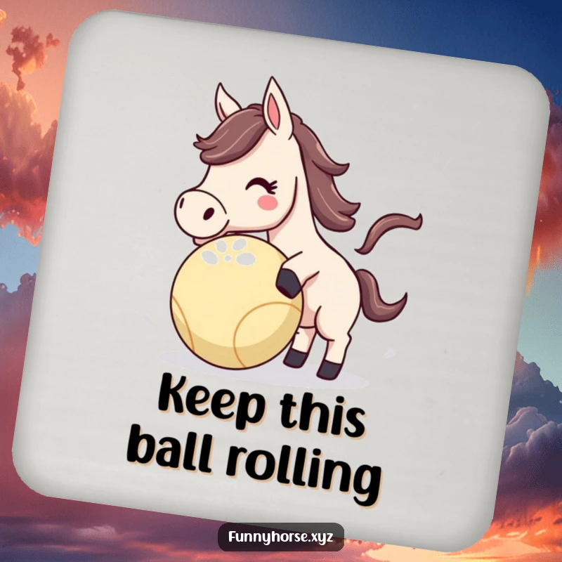 Funny Horse Coaster featuring an energetic horse playfully nudging a bouncing ball, offering humorous drink protection.