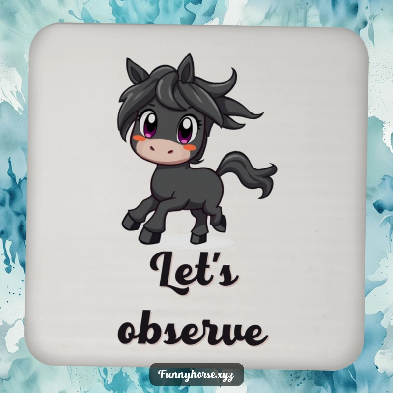 Funny curious black horse with wide eyes prancing with excitement, a set of humorous and protective coasters.