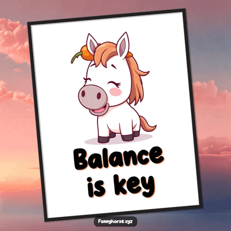 Funny giggling horse poster: a horse with a carrot on its head, looking amused, brings comedic equestrian art to your wall.