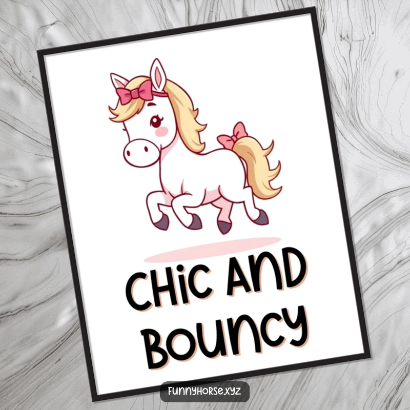 Funny whimsical horse poster showing a horse with a decorative tail bow performing a happy little hop, full of grace and mirth.