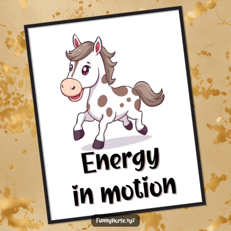 Funny happy spotted horse with a determined expression trots energetically, vibrant and humorous wall art for motivated individuals.