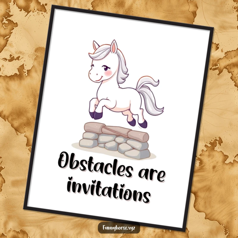 Funny playful white horse with a sparkling tail leaping over a small obstacle, vibrant and humorous wall art.