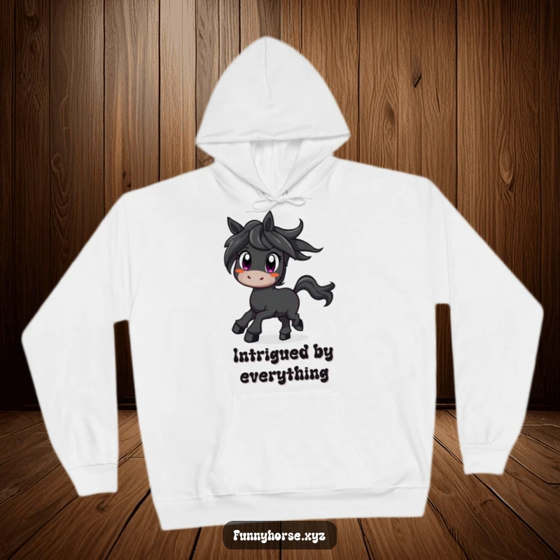 Funny curious black horse with wide eyes prancing with excitement, a warm and humorous hoodie for the curious soul.