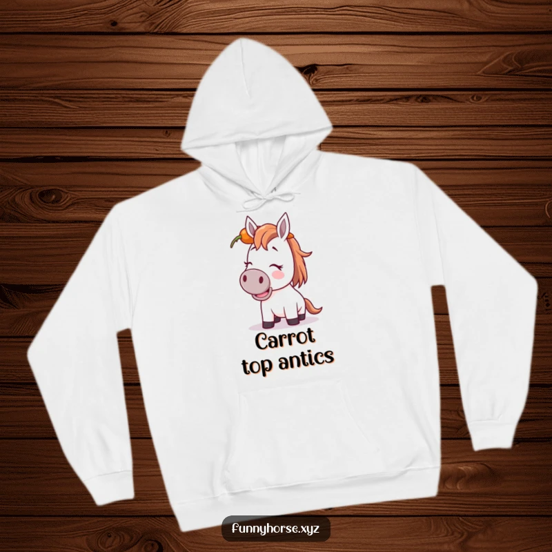 Funny giggling horse hoodie: a horse attempts to balance a carrot on its head, radiating comical joy and concentration.