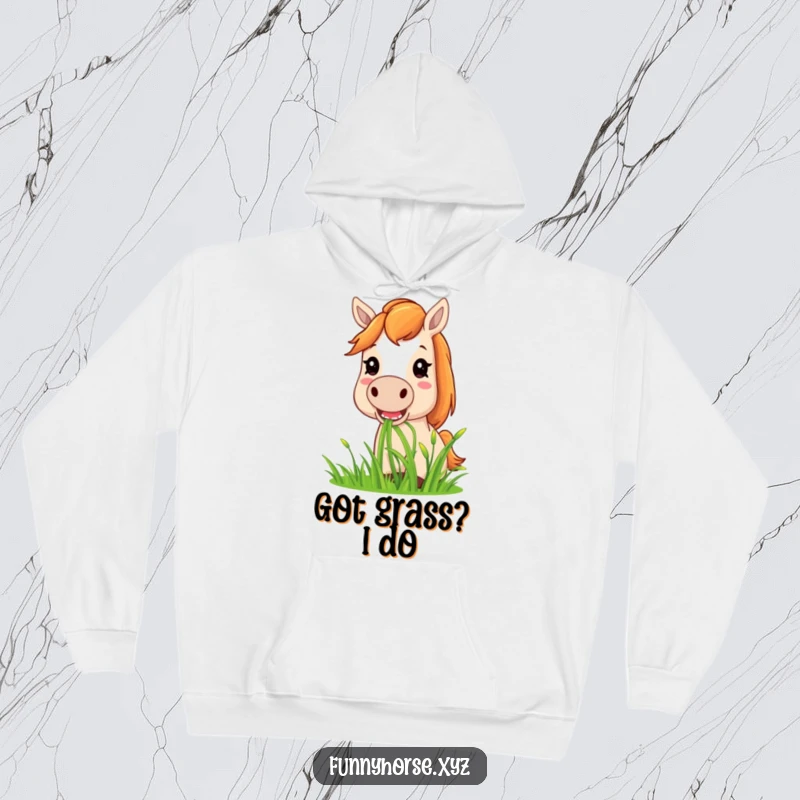 Funny horse hoodie: a contented horse grazing on sweet grass, embodying a peaceful and humorous moment in nature's bounty.