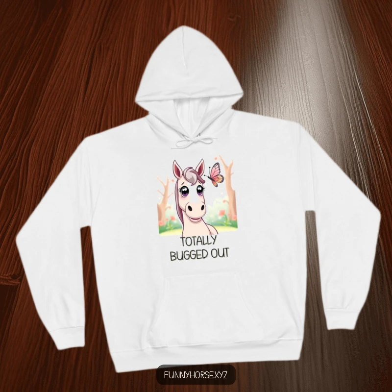Funny surprised horse hoodie: a horse with startled, wide eyes observes a fluttering butterfly, capturing a moment of gentle astonishment.